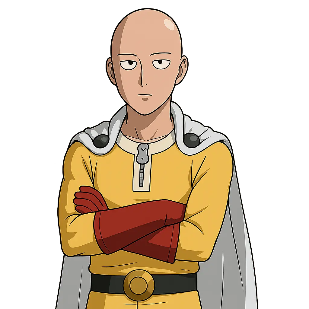 One Punch Man Manga 2 Saitama from One Punch Man in a serious pose with arms crossed, wearing his yellow hero costume