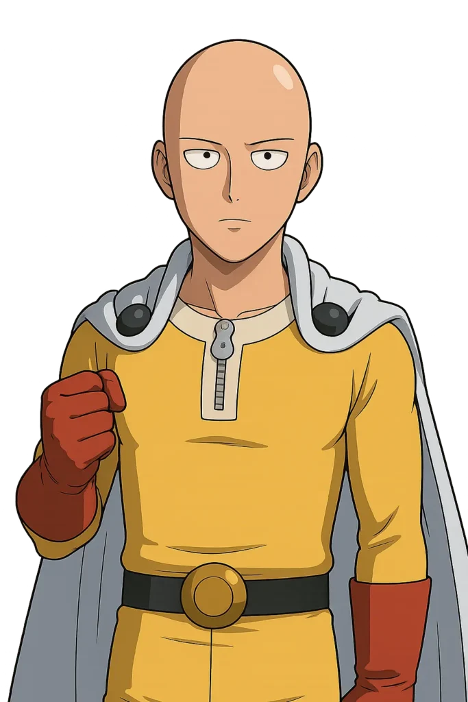 One Punch Man Manga 1 Saitama from One Punch Man Manga raising his fist in a determined pose, wearing a yellow suit and red gloves