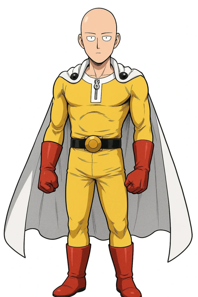 Saitama from One Punch Man in his iconic yellow jumpsuit with red gloves, boots, and white cape, showing his simple appearance and bald head.