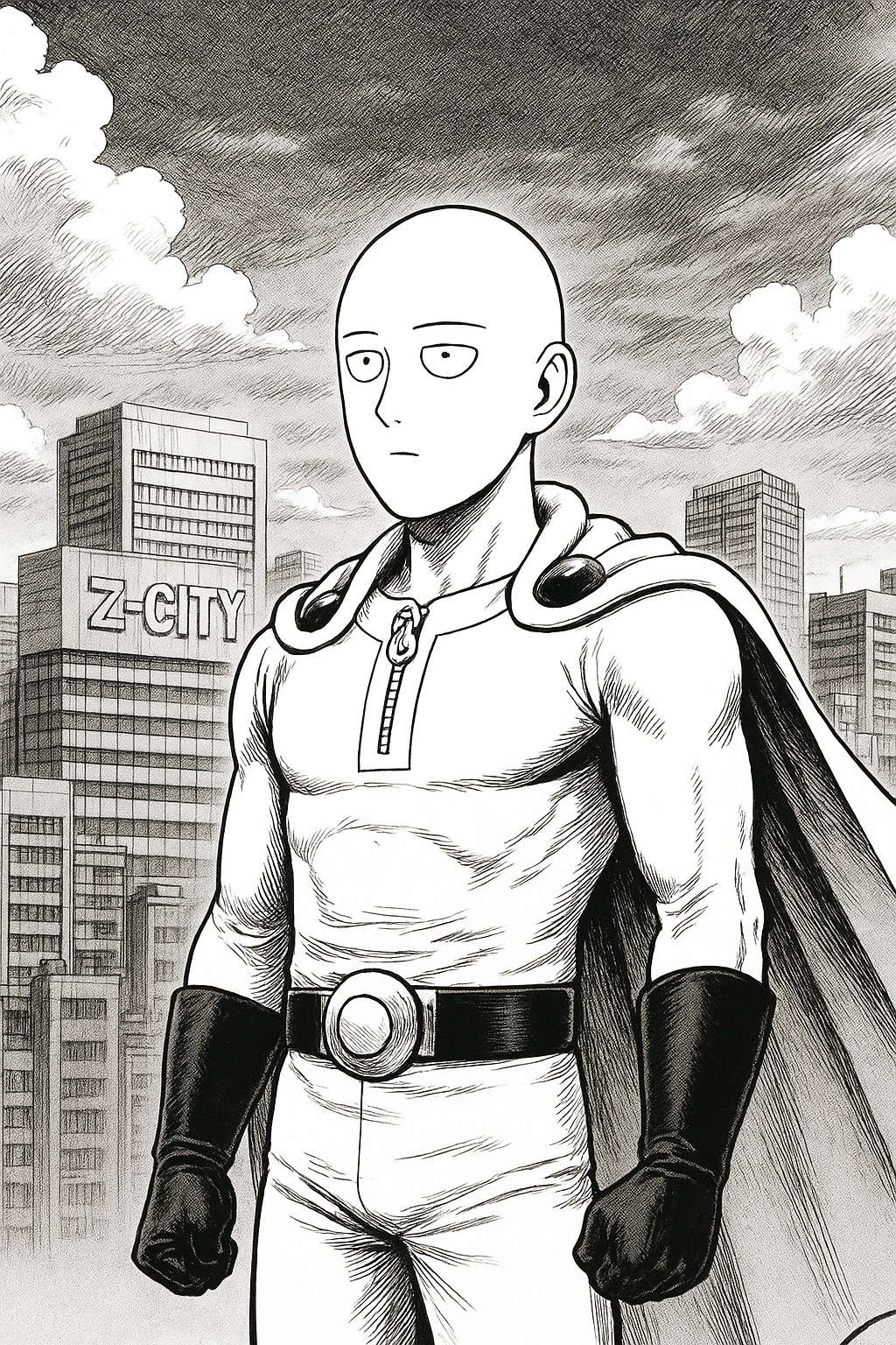 Saitama standing in Z-City from One Punch Man, wearing his hero costume with a serious expression.