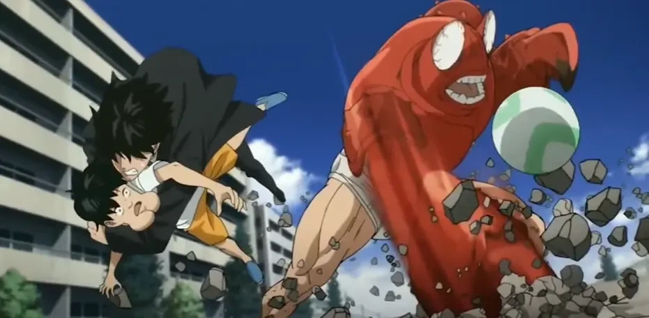 Saitama battles Crablante in One Punch Man while protecting civilians from the monster attack.