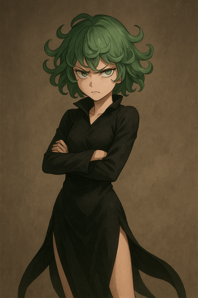 Anime illustration of Tatsumaki, the Tornado of Terror, from One Punch Man standing confidently with arms crossed, wearing a black dress and emerald green curly hair, against a dark textured background.
